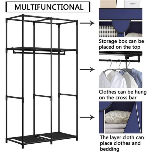 34 Inch Portable Wardrobe Organizer with Dustproof Non-Woven Fabric (Blue) - Picture 6 of 6